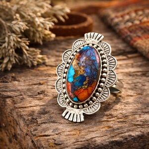 Dahlia Turquoise Concho Ring 925 Silver Statement Ring | Bold Southwest 8 #572